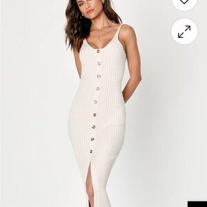 Confident Charisma Beige Ribbed Button-Front Midi Dress